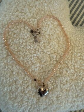 GUESS Pale Pink Beaded Necklace with Silver Heart Pendant